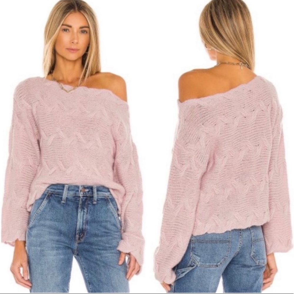 House of Harlow Elaina Braided Sweater One Shoulder Cable Knit Lilac Pink Medium